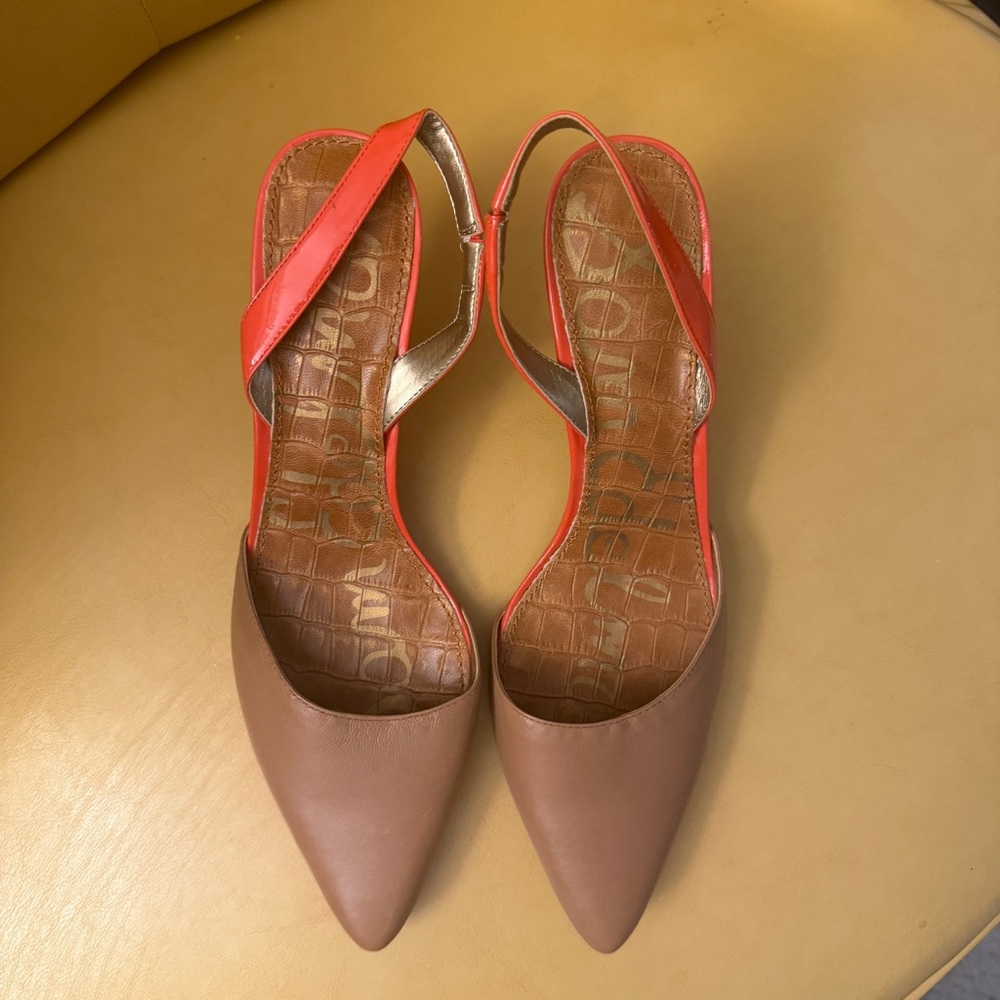 Sam Edelman ORLY Slingback Heels, Camel Flamingo Size 9.5 👠 Nude Tan Pointed Toe
